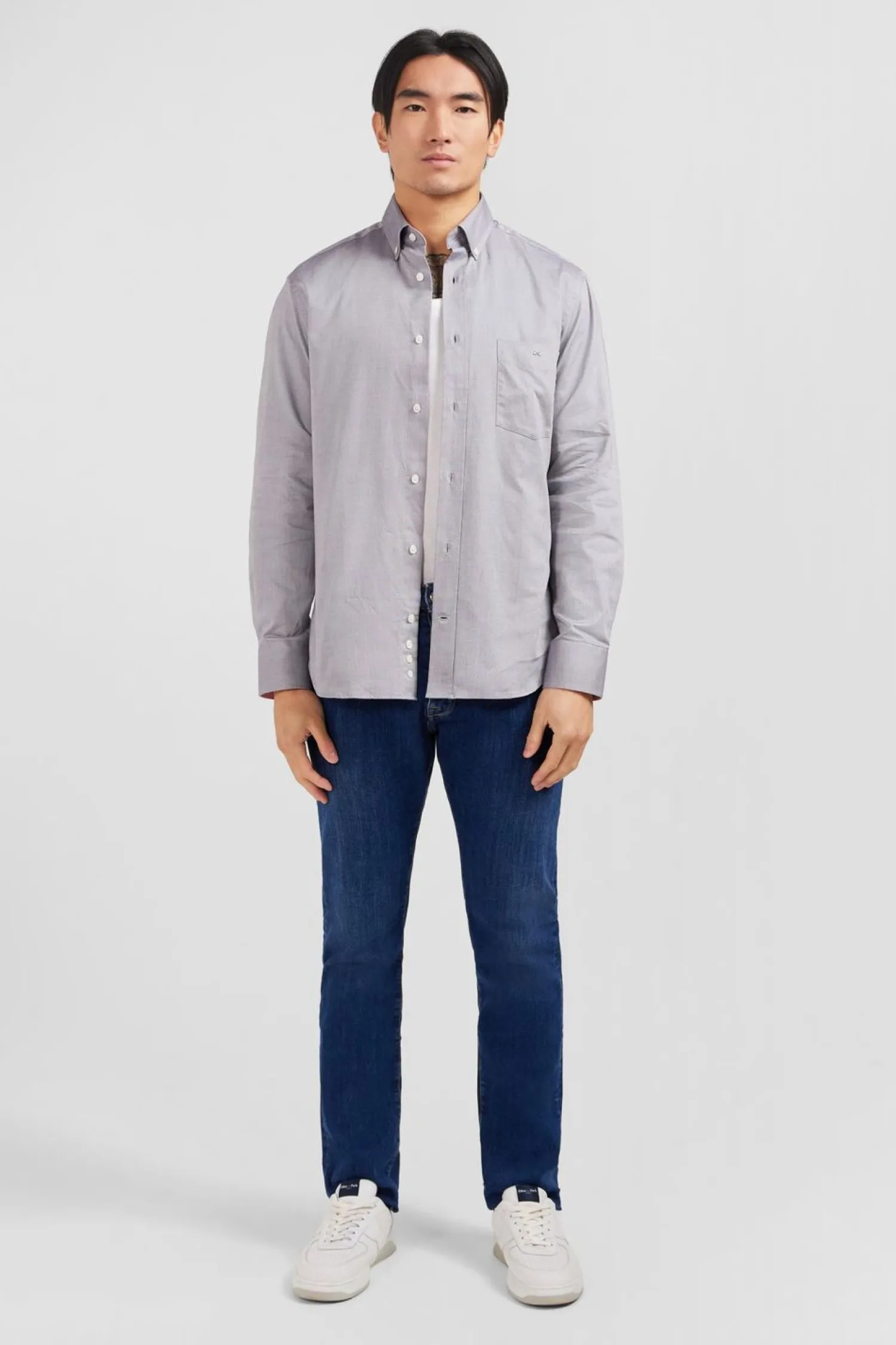Discount Cheie Gri Cair Unie En Coton Homme Chemises