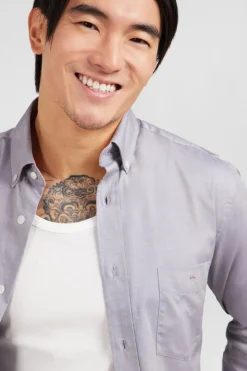 Discount Cheie Gri Cair Unie En Coton Homme Chemises