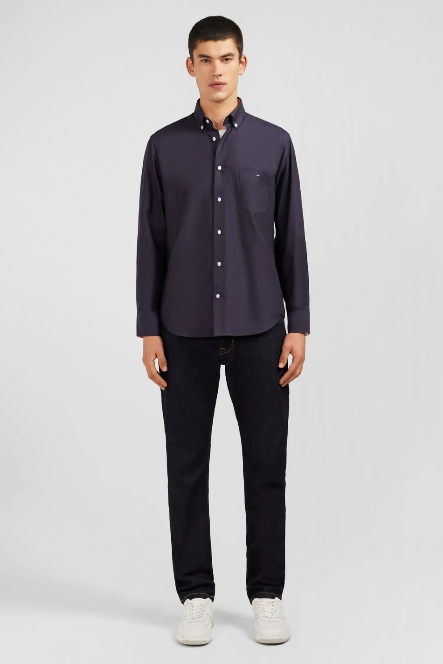 Hot Cheie Gri Fonce Unie En Coton Homme Chemises