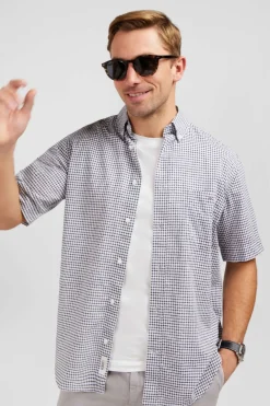 Hot Cheiette Beu Fonce A Carreaux En Coton Dobby Homme Chemisettes