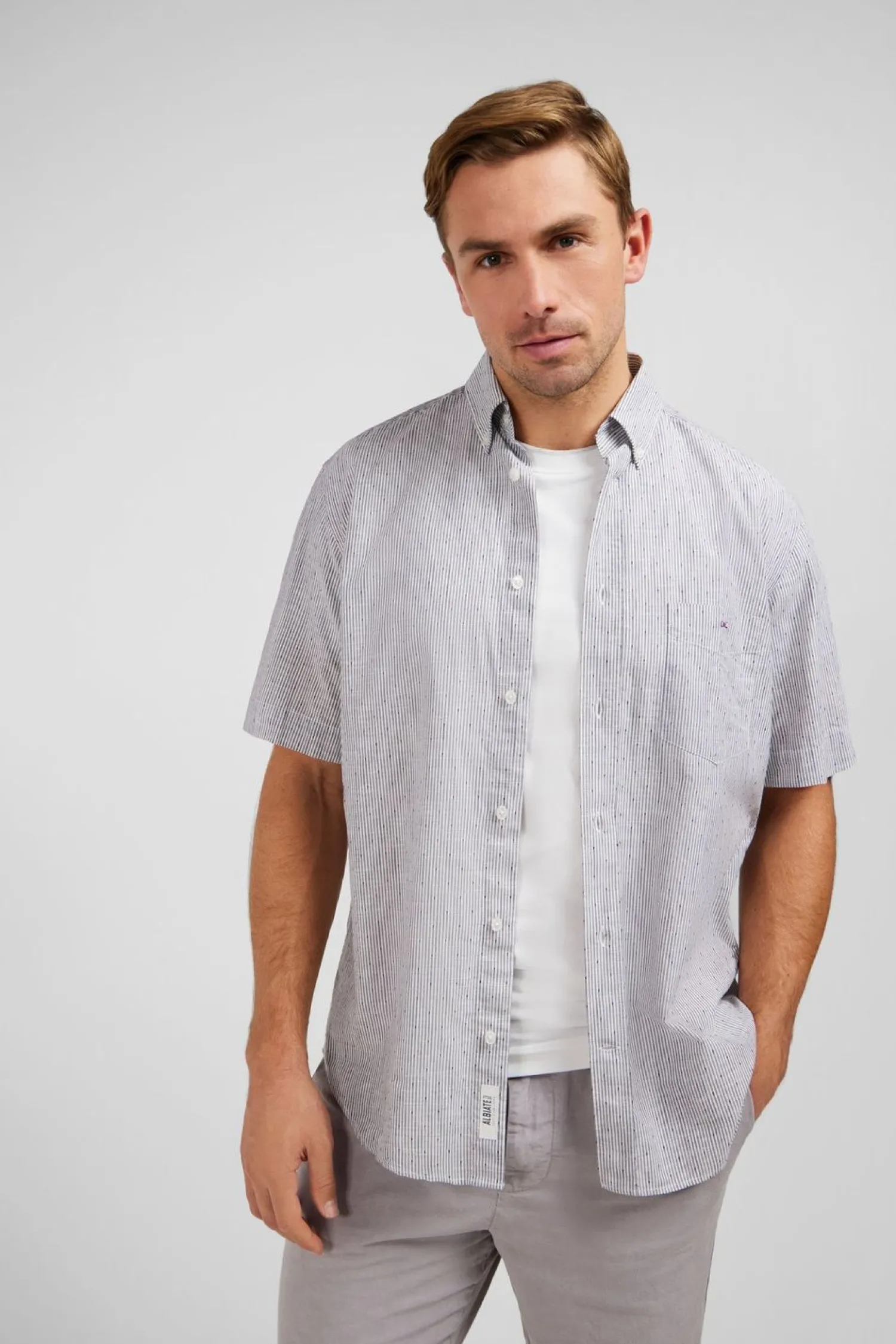 Hot Cheiette Rayee Beu Fonce En Coton Dobby Homme Chemisettes