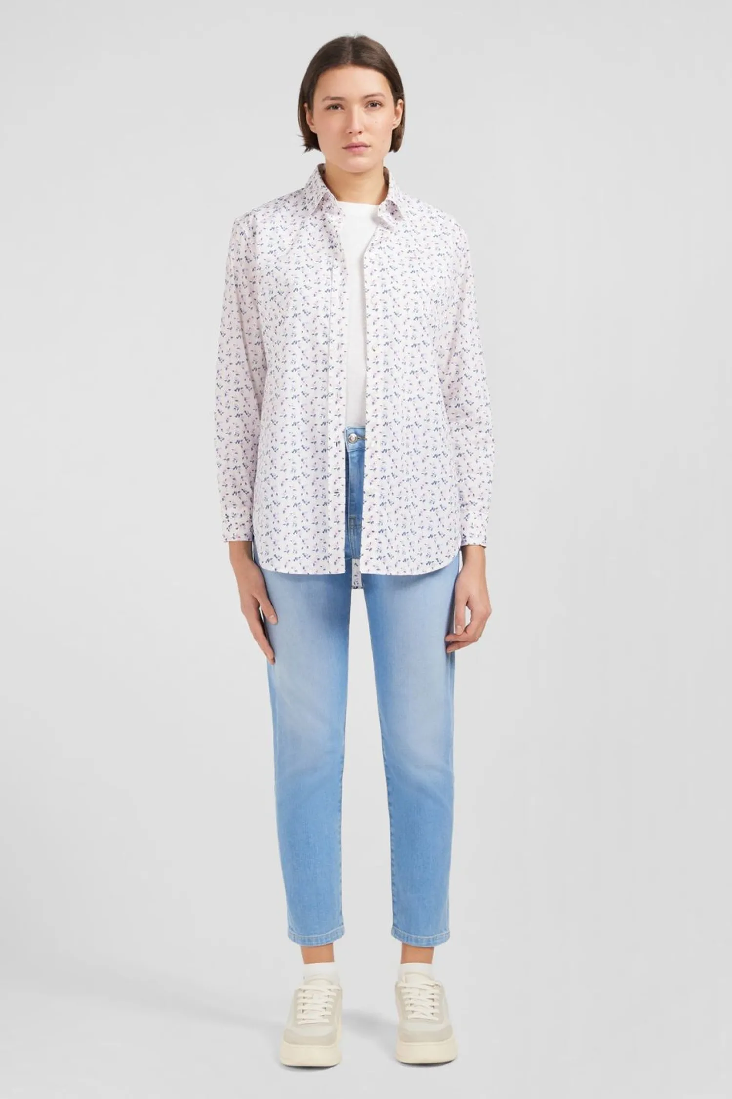 Discount Chemisier Blanc A Imprime Exclusif Fleuri Femme Chemises