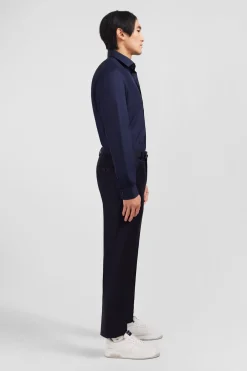 Best Pantalon Regular Bleu Fonce En Laine A Plis Casses Homme Pantalons