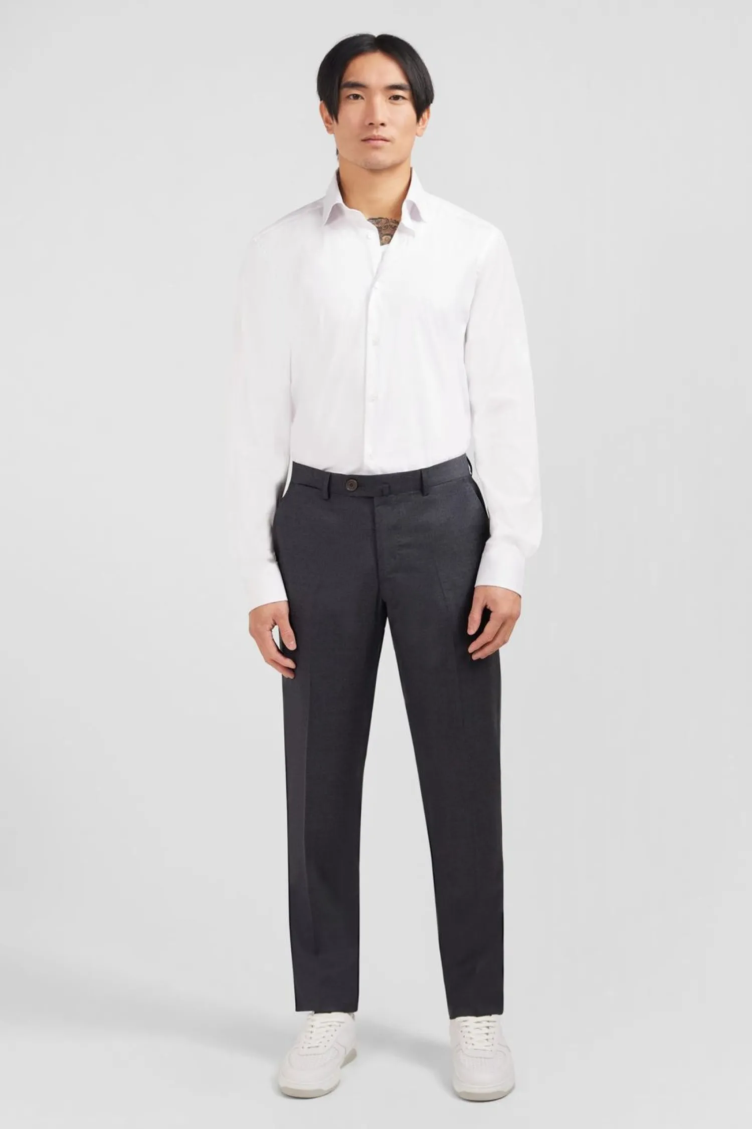 New Pantalon Regular Gris En Laine A Plis Casses Homme Pantalons