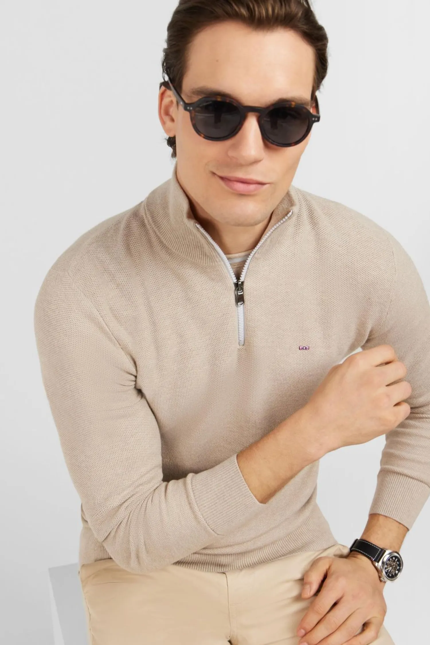 Online Pu Co Caionneur Zippe En Coton Beige Homme Pulls