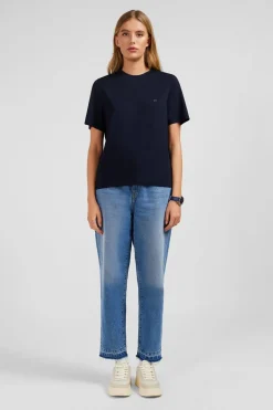 Outlet T-hirt Beu Fonce Uni A anche Courte Femme T-Shirts