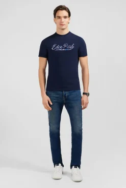 Discount T-hirt Uni Beu Fonce A Incription Homme T-Shirts